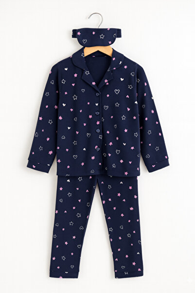Beka Kids Heart and Star Patterned Long Sleeve Buttoned Front Shirt Collar Girls Pajama Set 100% Cotton