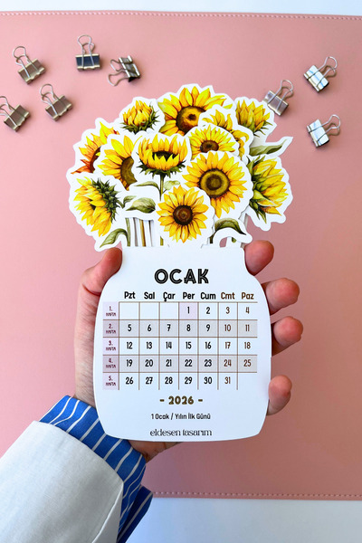Eldesen Tasarım 2026 Çiçek Temalı Masa Takvimi | Kayın Desenli Karton Tutucu | Dekoratif Takvim | Hediye Seçeneği