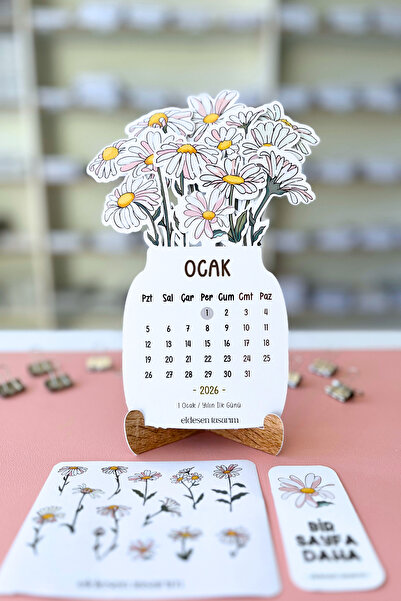 Eldesen Tasarım 2026 Çiçek Temalı Masa Takvimi | Kayın Desenli Karton Tutucu | Dekoratif Takvim | Hediye Seçeneği