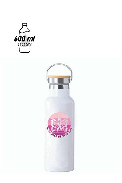 Generic PRINTSHOP4ME PinkCancer Awareness Stainless Steel Water Flask Bottle with Bamboo Cap â€“ 600ml Eco-