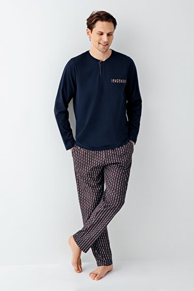 Arnetta Erkek % Cotton Yarım Düğmeli Pijama Takım
