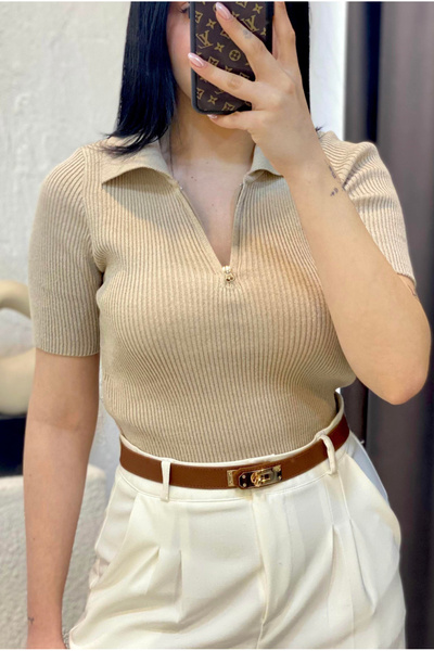 Dk Picck Upp Polo Yaka Fermuarlı Triko Bluz Bej