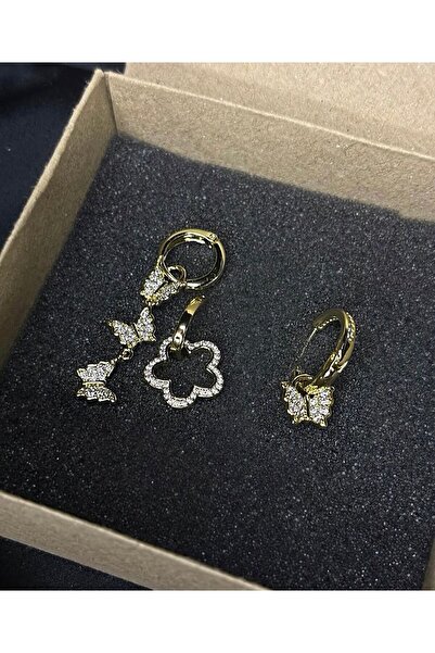 pink purple design Zirkon Taşlarla Kaplı Kelebek ve Yonca Detaylı 14K Gold Kaplama Charm Takılabilen Küpe