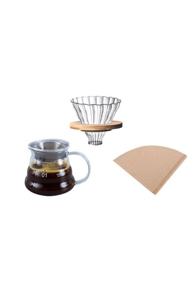 LUXURY V60 Server Set 01 Coffee Drip 300ml with Glass Funnel 02 with Wooden Base and 40 Filters/Filter Papers