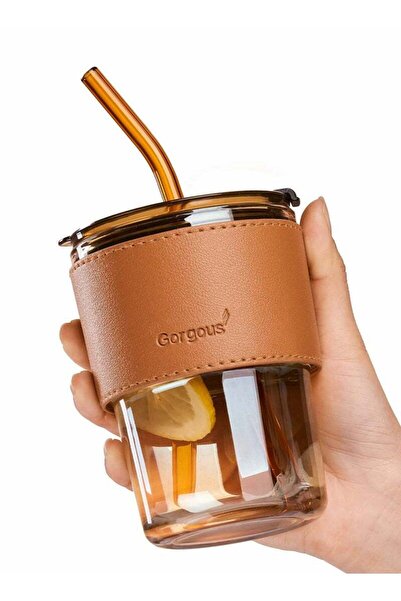 Generic SYOSI Glass Tumbler with Straw and Lid, 15oz Glass Cup with Leather Protective Sleeve, Reusable Cup