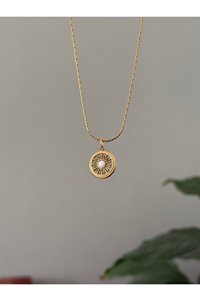 STOLIA Altın Kaplama Çelik Vintage Güneş Kolye – Beyaz Taşlı