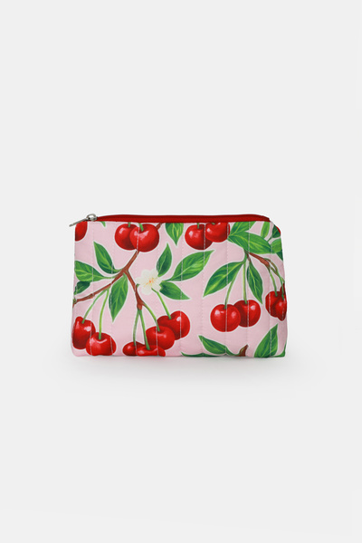 ICONE BAG Cherry Printed Quilted Triangle Makeup Bag, Line Inside Printed Pink Background Color Cosmetic Bag
