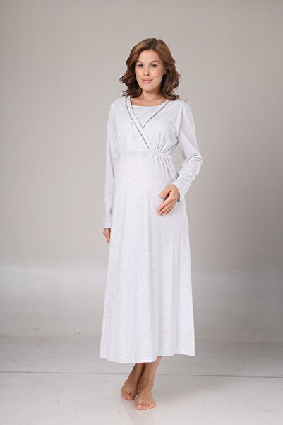 BLACKMORE Women's Gray Jacquard Special Design Shawl Collar Full Length Winter Maternity Nightgown-Robe Set of 2