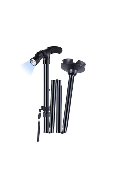 Deliny Baston pliabil robust cu mâner în formă de T, înălțime reglabilă 84–94 cm, lanternă cu 6 LED-uri, negru