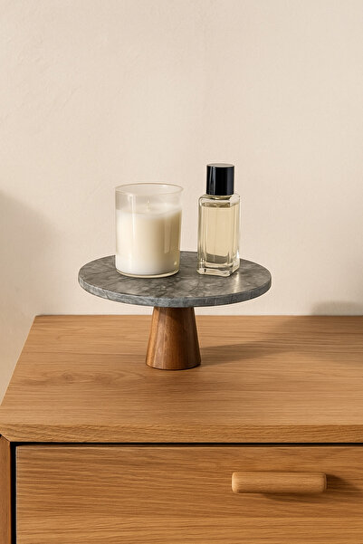 MARIA HOMES قاعدة زخرفية من الرخام الأسود - حامل عرض دائري بقاعدة خشبية