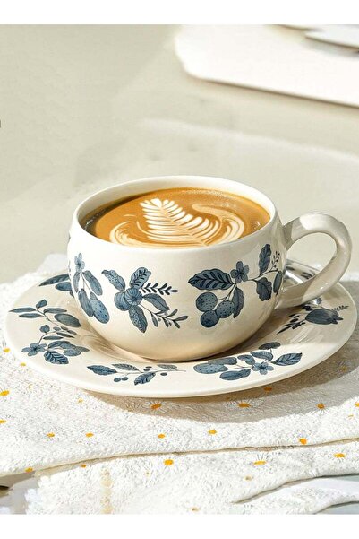 Generic 280Ml Ceramic Coffee Cup and Saucer Set - Blue Floral Pattern, Ideal for Latte Art, Dishwasher Safe