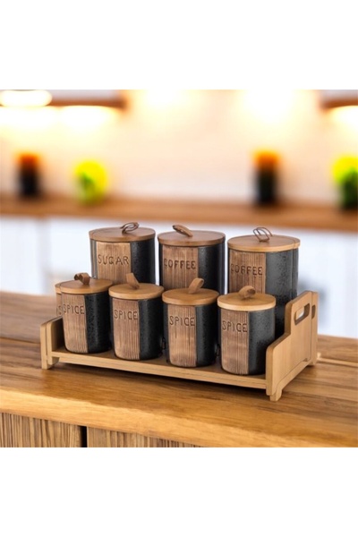 Generic Black wooden spice jar set
