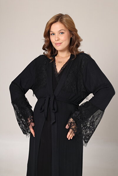 BLACKMORE Kadın Siyah Jakarlı Dantel Detaylı Tasarım Tam Boy Kışlık Lohusa Ha...