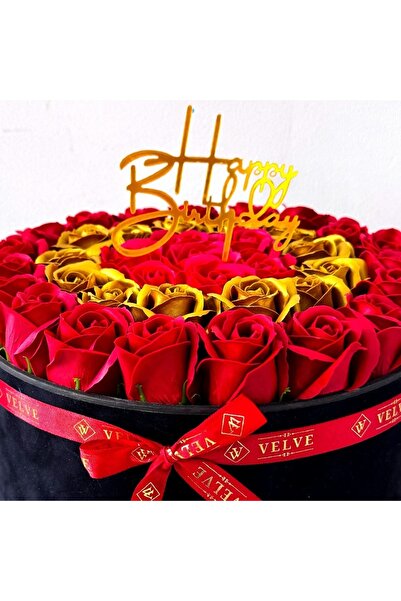 velve Majestic Floral Arrangement, with burgundy, gold and red soap roses, with the message "Happy Birthday"