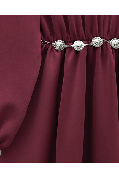 Modamorfo High-Necked Half-Zippered Gathered Waist Belted Scuba Dress - Burgundy