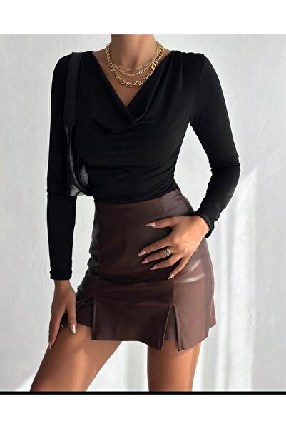 MODA Degaje Yaka Drapeli Uzun Kollu Slim Fit Bluz