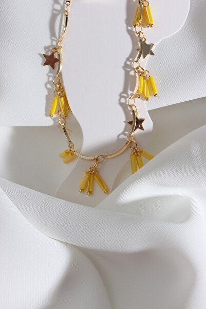 LA PERRY ACCESSORIES Yellow Bead Dangle Gold Chain Star Detail Anklet