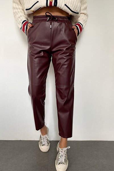 LOS FECHKA Burgundy Stitched Leather Trousers with Lace-Up and Elastic Waist