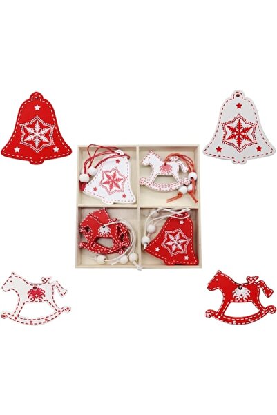 DELPI Set de 12 ornamente de Crăciun din lemn (clopoței și cai), alb/roșu, cu cutie de depozitare