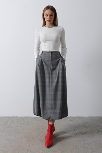 ZEYN ESTİLO Balon Etek Kareli Gri