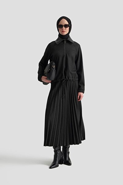 Armine TREND Deri Garnili Etek Ucu Sıkmalı Piliseli Etekli İkili Takım Siyah