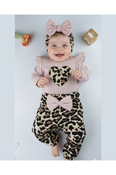 asliva Bebek Takımı Kız Bebek Leopar Desenli Fiyonklu Bandanalı 0-12 Ay Bej/g...