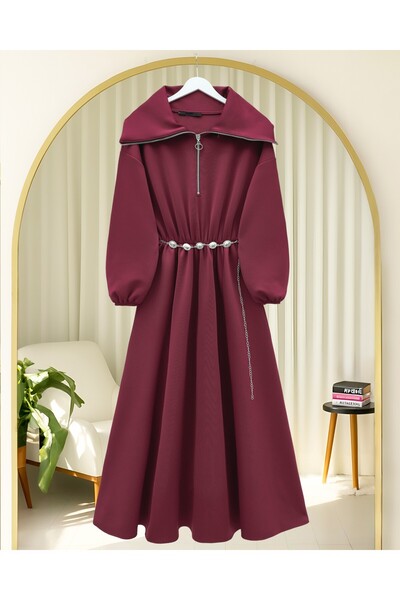 Modamorfo High-Necked Half-Zippered Gathered Waist Belted Scuba Dress - Burgundy