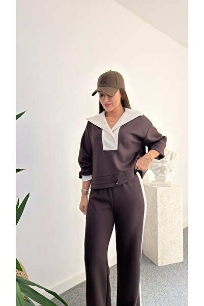 QİMYA BUTİK Keyymod Women's Premium Quality Wide Neckline Loose Fit Top and Bottom Pants Modal Two-Piece Set