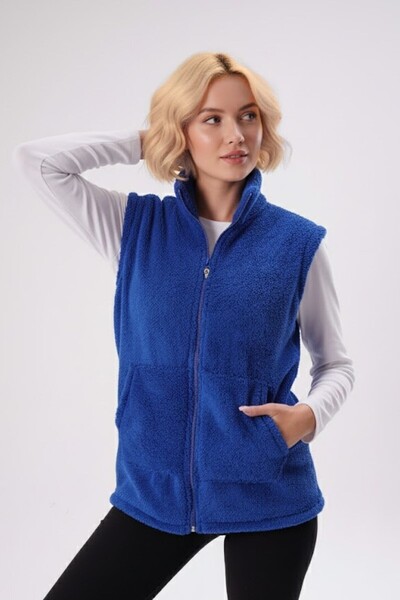 Azıcık Akıllı Women's Cobalt Dark Blue Mock Neck Thick Plush Zipper Vest 24Ky...