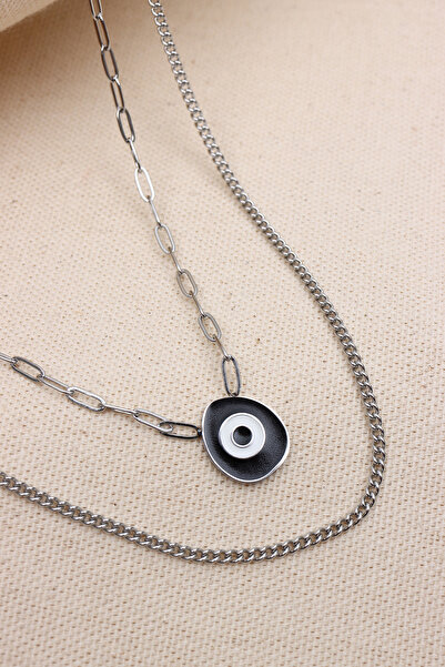 LA PERRY ACCESSORIES قلادة من الفولاذ الفضي مكونة من قطعتين باللون الأسود