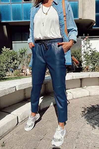 LOS FECHKA Blue Leather Pants with Tie-Up Waist