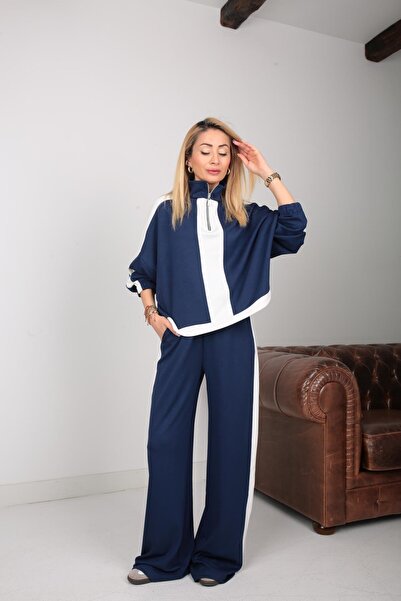 QİMYA BUTİK Keyymod Women's Zippered Mock Neck in Oversized Top and Loose Pants Modal Bottom & Top Two-Piece Set