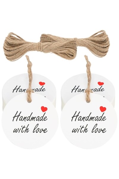 DELPI Set de 100 etichete rotunde din carton kraft „Handmade with Love” cu iu...