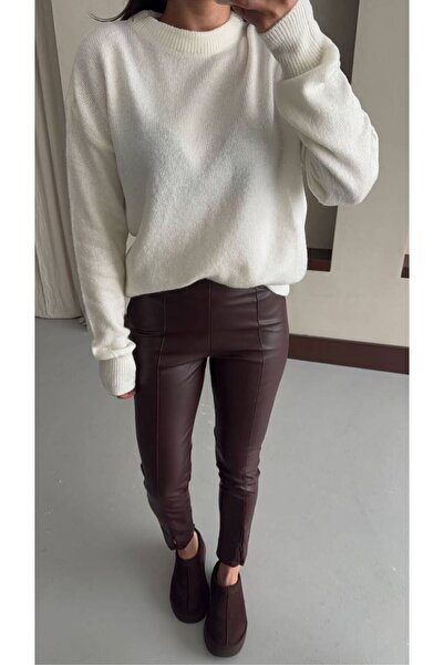 Hotfashion ACI KAHVE PAÇA FERMUAR DERİ PANTOLON