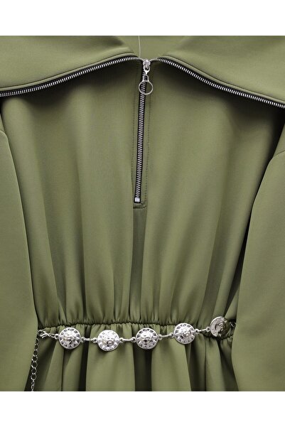 Modamorfo High-Necked Half-Zippered Gathered Waist Belted Scuba Dress - Khaki