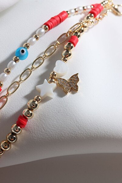 LA PERRY ACCESSORIES 3 قطع فراشة نهاية اللون الأحمر فيمو الخرز سوار