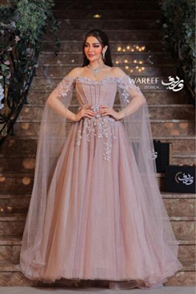 WAREEF FASHION Light pink off-the-shoulder corset dress with hand-embroidered...