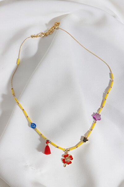 LA PERRY ACCESSORIES Yellow Necklace with Clover Pendant and Purple Stars