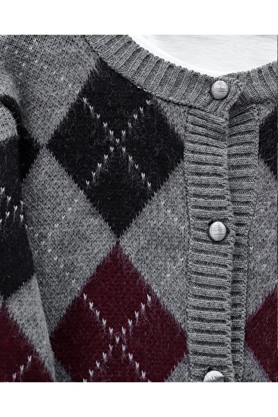 Modamorfo Buttoned Square Patterned Double Layer Knit Cardigan - Smoked