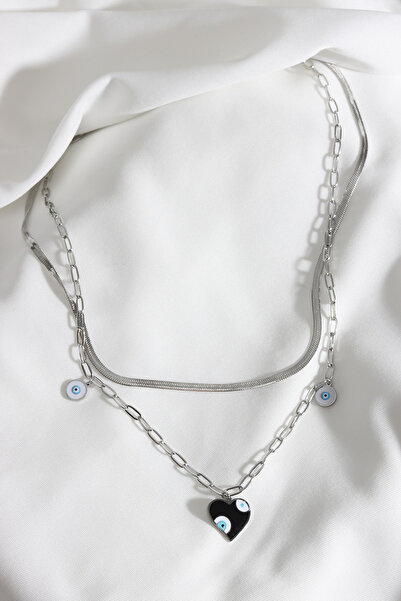 LA PERRY ACCESSORIES قلادة من الفولاذ الفضي مكونة من قطعتين على شكل قلب