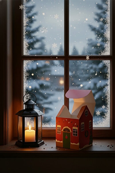 OLİ Art Yılbaşı Ev Kutu Çizgi Desen Çatı 1 Adet - 8.5x9.5x14 cm – Hediye Kutusu Karton Noel Evi Tasarım