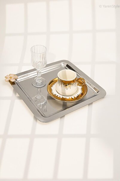 Yaren Style 6-Piece Luxury Square Presentation Tray Set |   Stainless Steel with Gold Detail and Enamel Flower Figure 21X21 cm