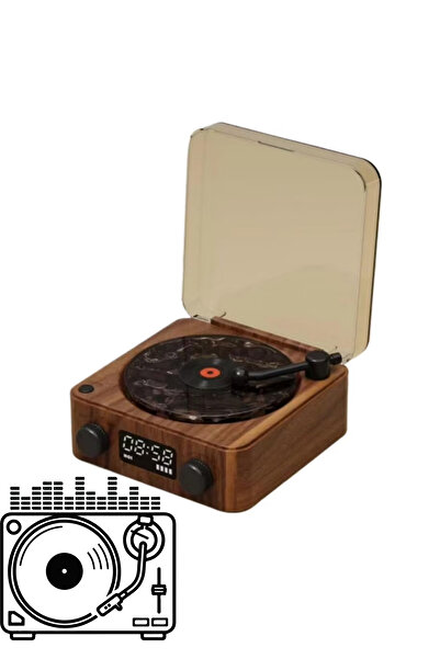 Teknoşık Retro Ahşap Pikap Görünümlü Bluetooth Hoparlör Renkli Işıklı Kablosuz Mini Radyo