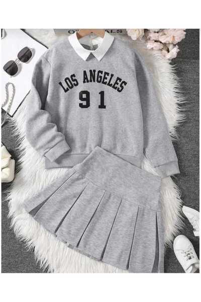 EFSACE Girl's Gray Skirt Suit - Los Angeles Printed Sweatshirt and Pleated Skirt