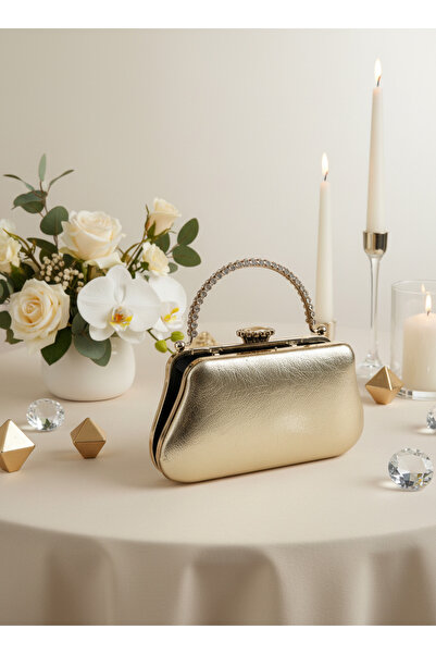 Biçanta Gold Crinkled Patent Leather Pearl Detailed Stone Handle Evening Bag Night Wedding Engagement Graduation Portfolio