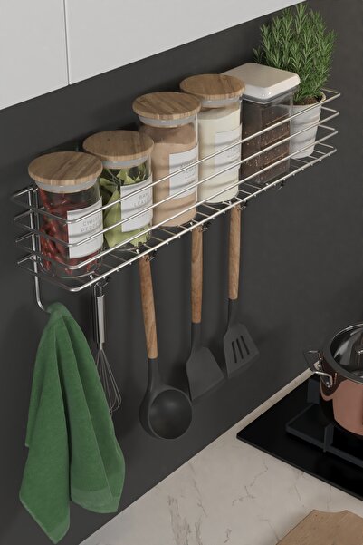 Hill Homes Krom Gümüş Askılı Mutfak Rafı Baharatlık ve Tezgah Üstü Düzenleyici Organizer Vidalı Yapışkanlı 55cm