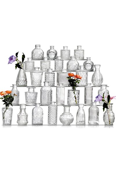 Artificiale Rolio Set of Mini Vintage Design Vases, Engraved Glass Patterns – 32 pieces, transparent