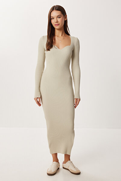 Lovelyİstanbul Kalp Yaka Esnek Midi Triko Elbise LDM0011 BEJ