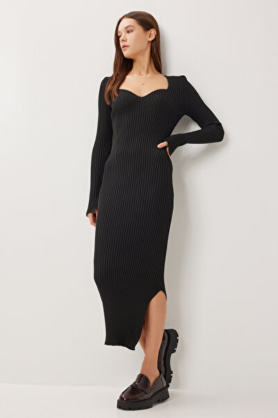 Lovelyİstanbul Kalp Yaka Esnek Midi Triko Elbise LDM0011 SİYAH