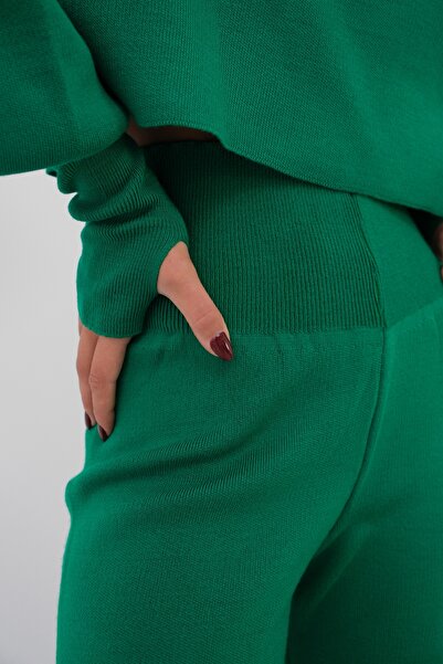 Laleli Butik Women's Green Toe Interlocking Knitwear Top and Pant Two Piece Green Knitwear Set 015